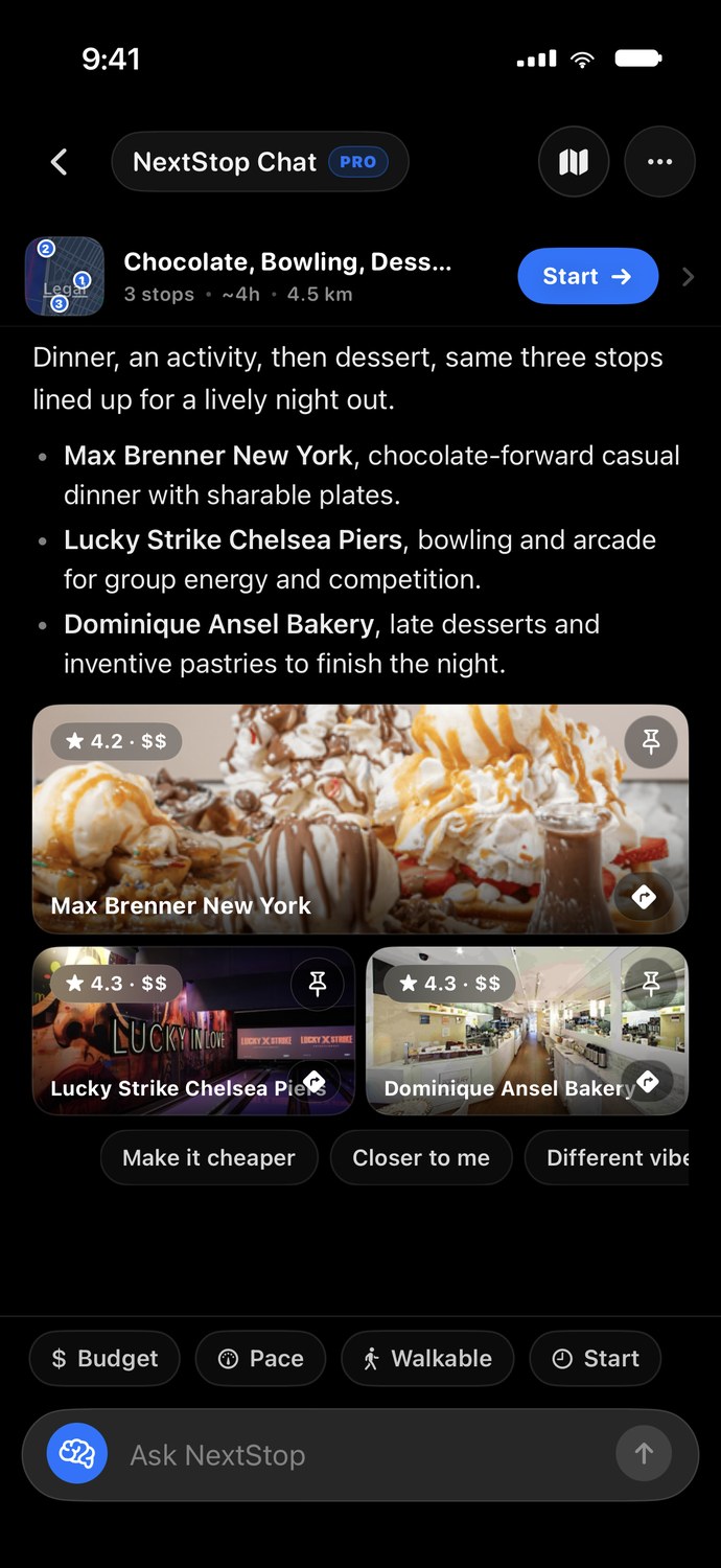 NextStop answering with a three stop plan, each stop a real place with photos and ratings