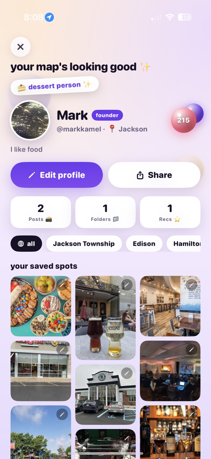 A NextStop profile with saved places shown as photos and on a map